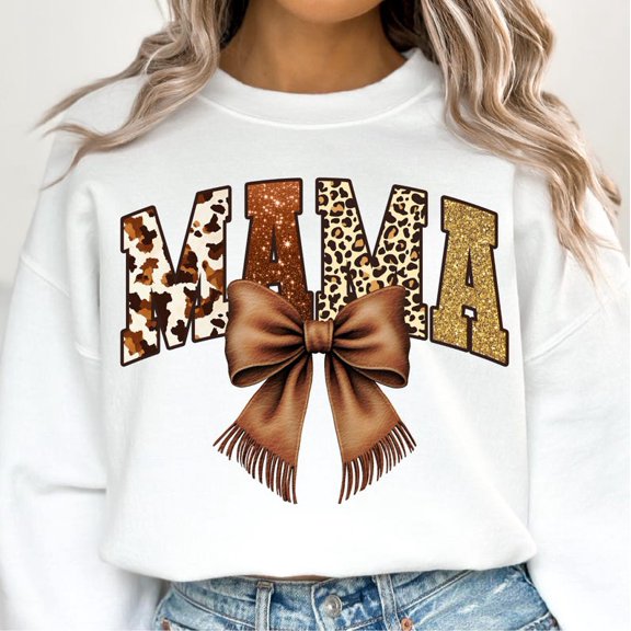 Western Cowgirl Mama Sweatshirt, Brown Cowhide Bow Mom Shirt, Glitter Cheetah Mama Sweatshirt, Western Coquette Mom Shirt
