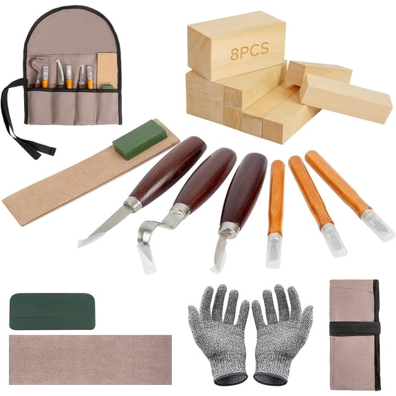 Woodcarving Set | Woodworking Chisels | Beginner's Woodcarving Tool Kit | Includes 8 linden wood carving blocks, 6 carving chisels, gloves, a carrying case, and a sharpener