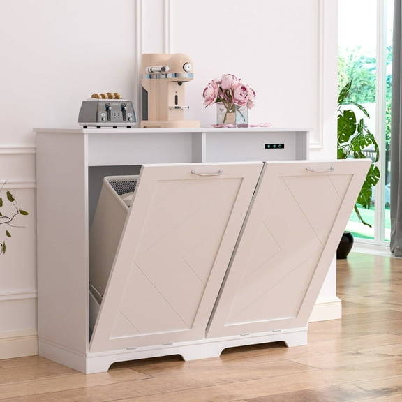 VECELO Double Trash Can Cabinet 20 Gallon, Pet Proof Wood Kitchen Tilt Out Garbage Can, White