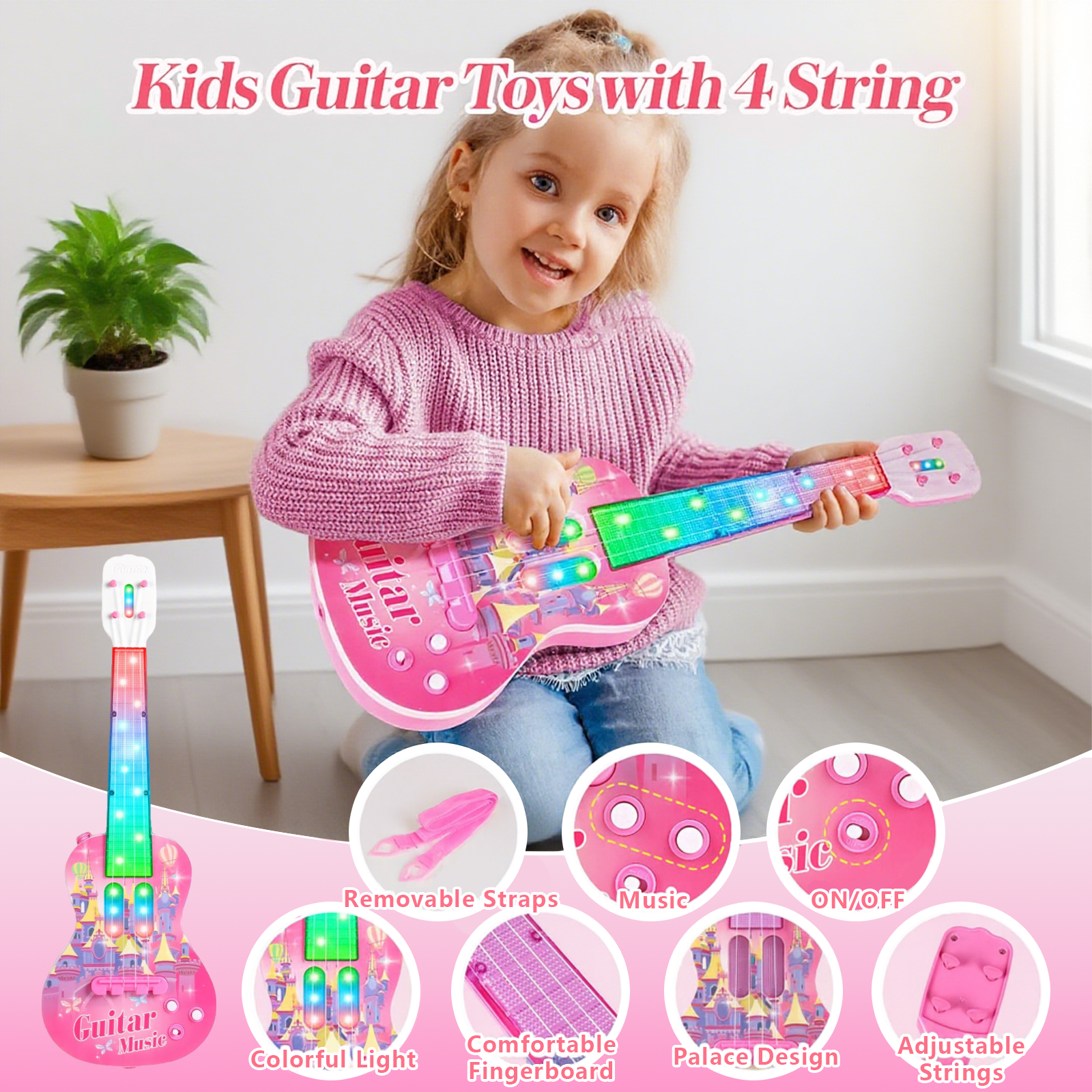 Liegorji Guitar and Microphone Toys Set, Musical Instruments with Adjustable Stand, Birthday Gifts for 1-3 3-5 5-8 Year Old