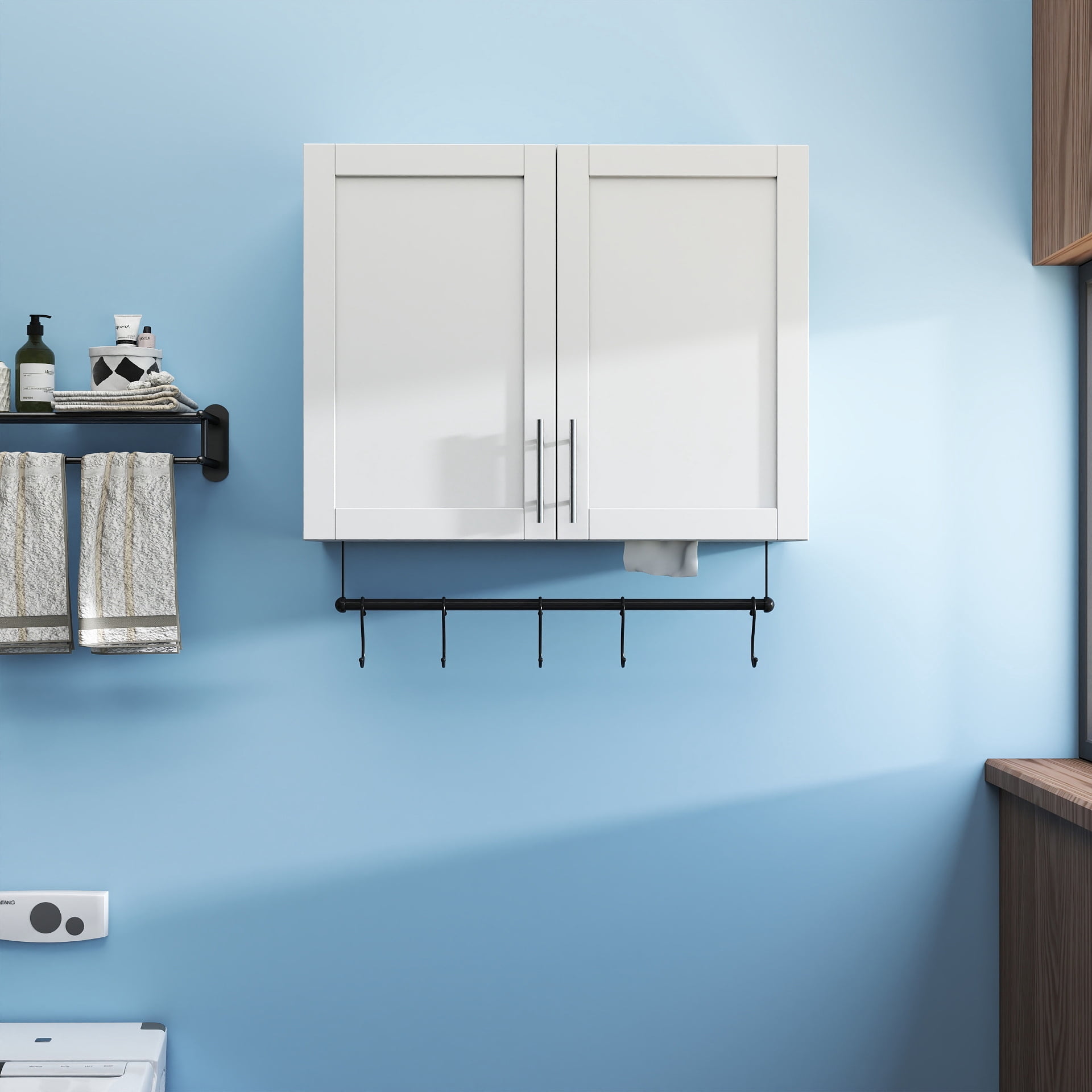 Bathroom Wall Cabinet Over Toilet Storage with Adjustable Shelf Towel Bar 5 Hooks, White