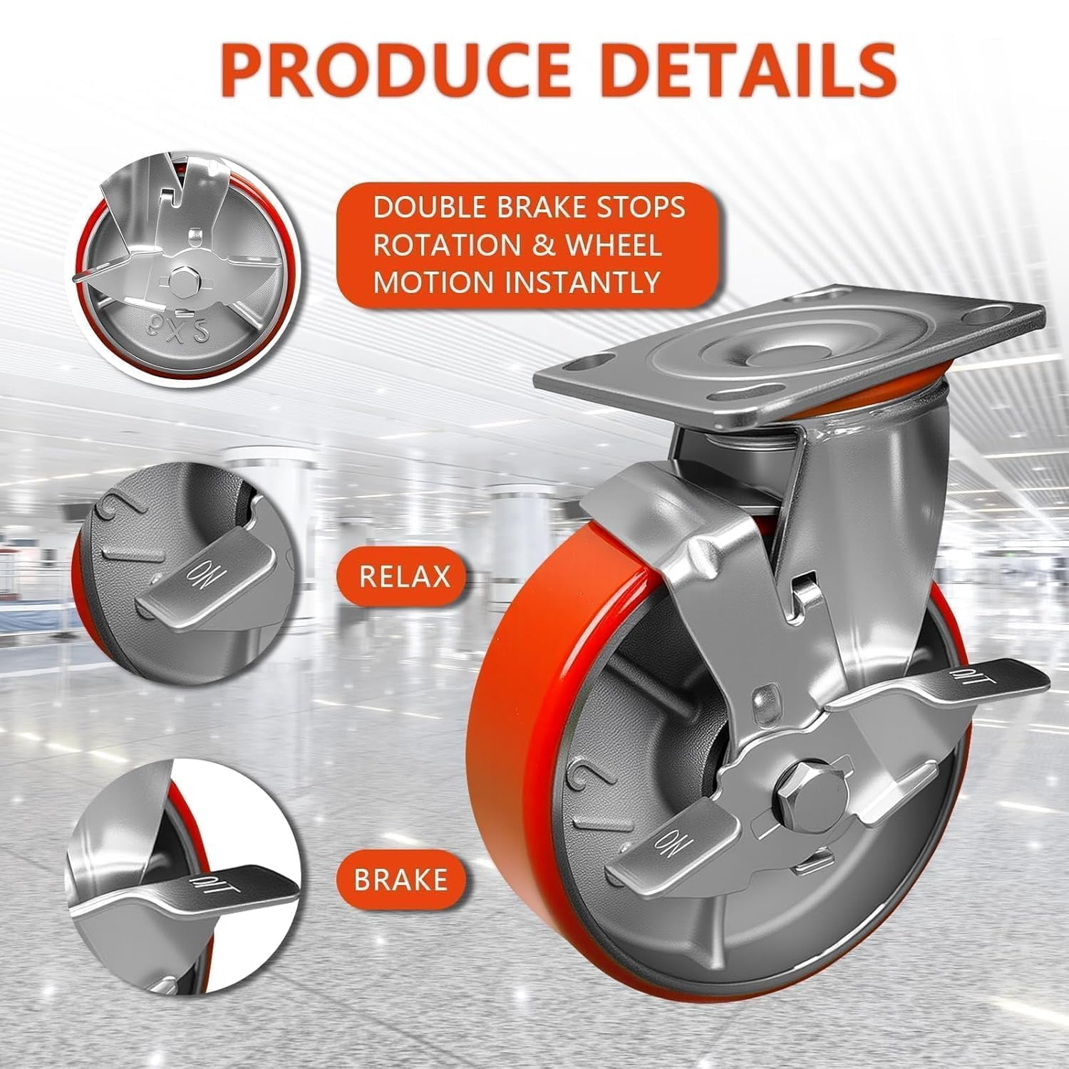 Maeklon 6" Industrial Polyurethane Caster Wheels Set of 4, Noiseless Swivel Wheels on Steel Hubs, 4800 Lbs Capacity, Swivel Plate Casters with Brakes for Workbench, Cart, Machine
