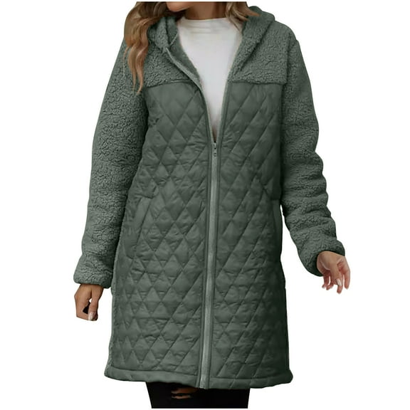 Lovskoo Fuzzy Fleece Winter Coats for Women Trendy Solid Color Zipper Hooded Loose Medium Long Plush Jacket Olive Green