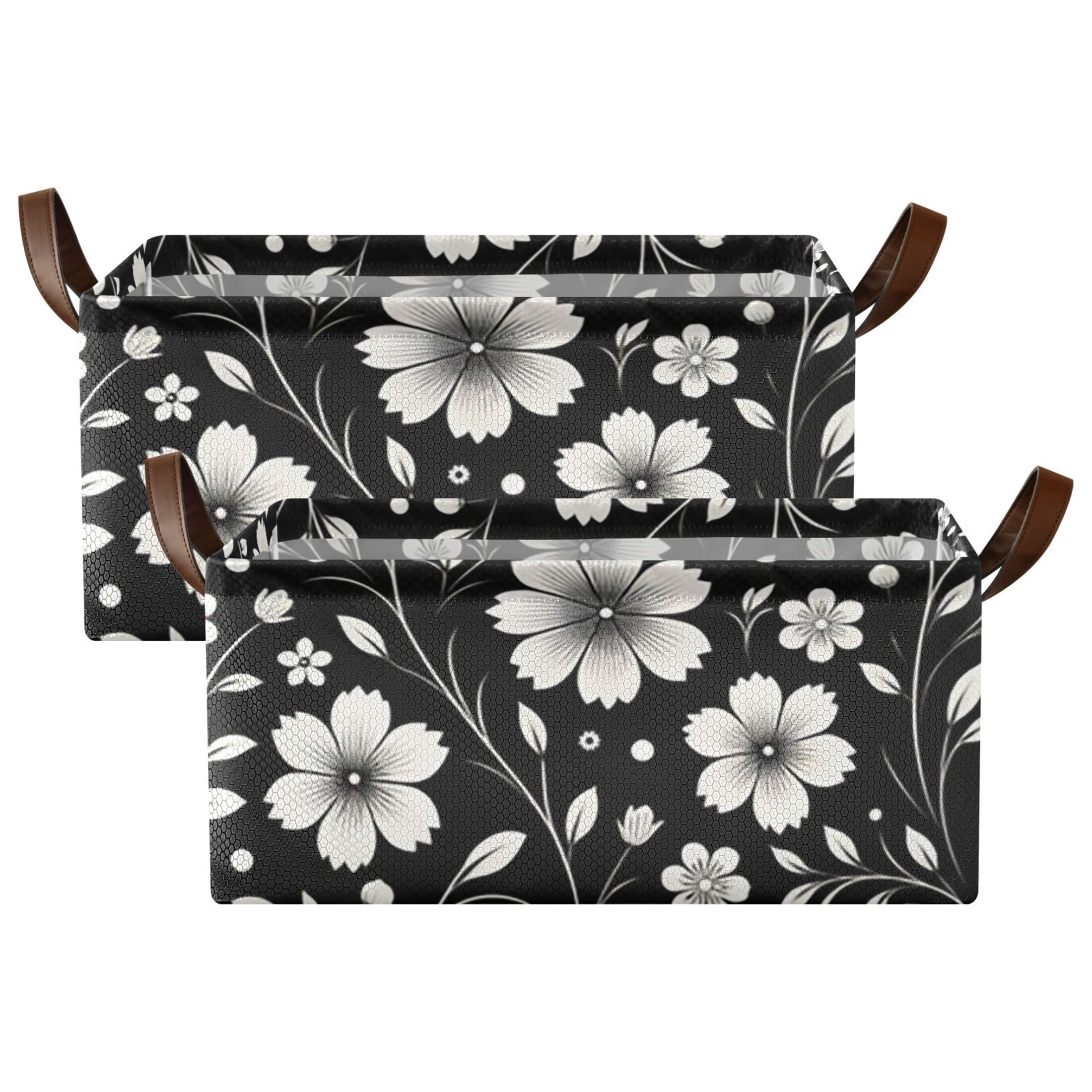 Retro White and Black Flowers Storage Bins with Handles Foldable Storage Baskets for Shelves Organizer Cloth Baskets