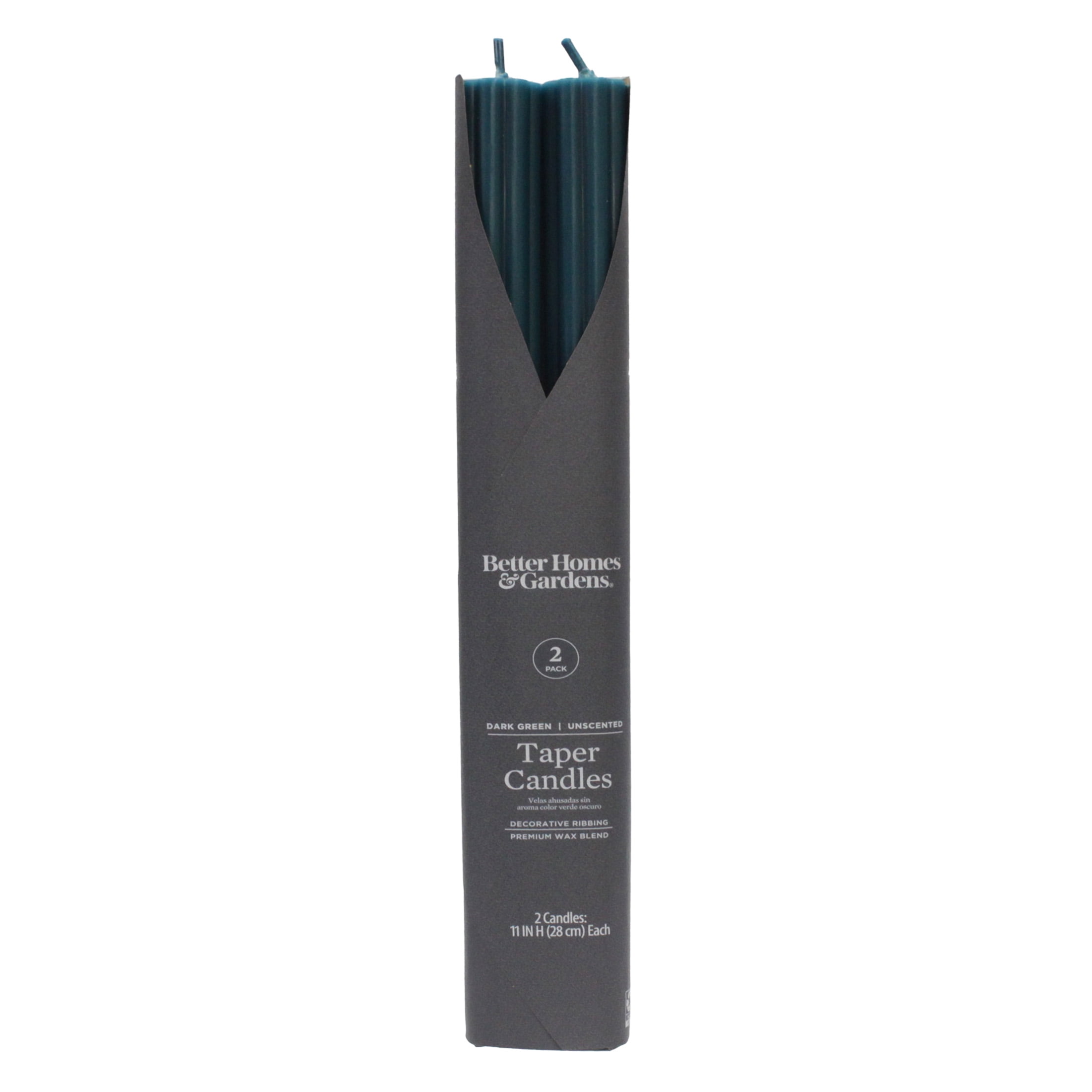 Better Homes & Gardens Unscented Dark Green Taper Candles, 2-Pack, 11 in