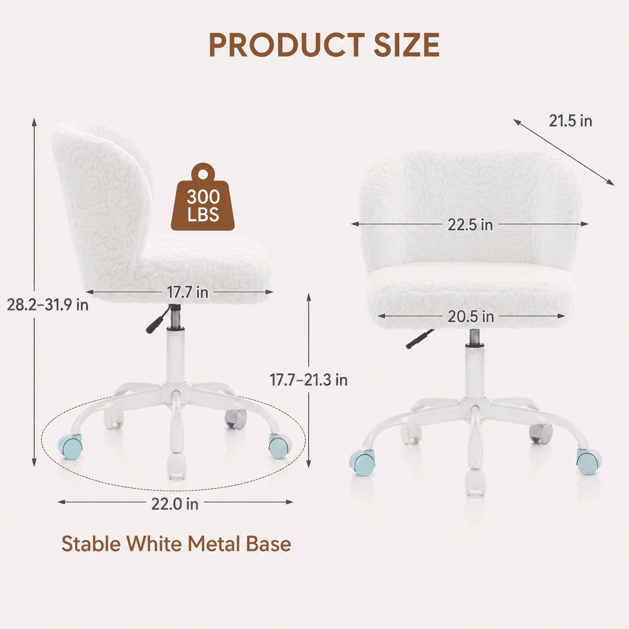 PAPROOS Vanity Chair with Wheels, Home Office Chair, Cute Makeup Desk Chair with Artificial Alpaca Wool Fabric, Adjustable Swivel Task Computer Chair for Bedroom, Ivory