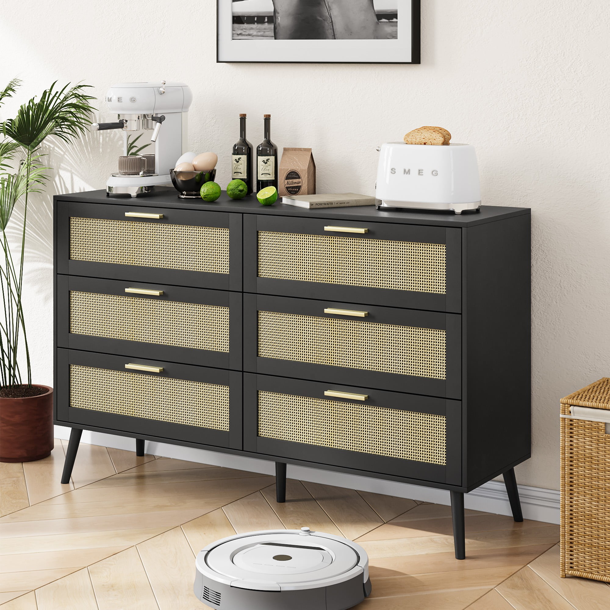 Finihen Rattan 6 Drawers Chest of Dressers, Modern 6 Drawer Dresser, Wide Chest of Drawers with wood Handles, Rattan Dresser Storage Cabinet, for Living Room, Bedroom, Hallway, Black Finihen Rattan 6 Drawers Chest of Dressers, Modern 6 Drawer Dresser, Wide Chest of Drawers with wood Handles, Rattan Dresser Storage Cabinet, for Living Room, Bedroom, Hallway, Black
