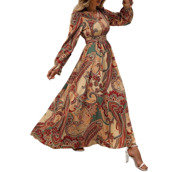 Women Floral Print V Neck A-Line Maxi Dress Long Sleeves Casual Wrap Autumn Beach Swing Light Brown S