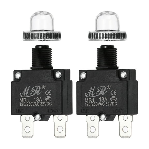 2 Pcs 13Amp Push Button Circuit Breaker,125/250V AC 32V DC with Waterproof Caps