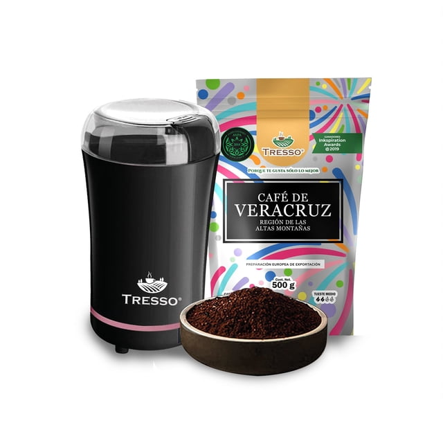 Molino Eléctrico Tresso de Acero Inoxidable capacidad 50 g Color Negro y Café Veracruz 500 g en Grano Set de 2 Unidades