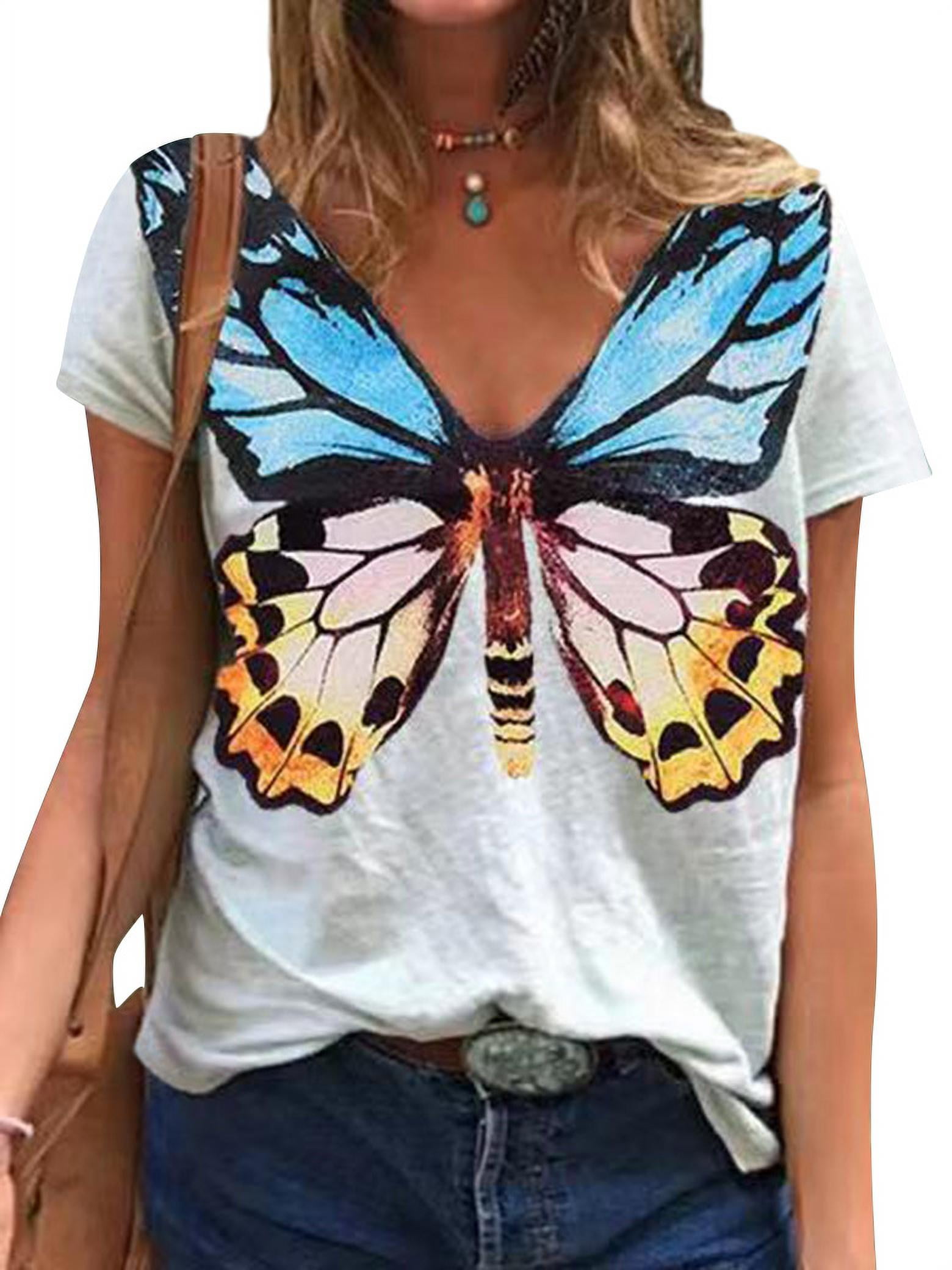 Twzh Women Butterfly Graphic Print V Neck Short Sleeve Casual T Shirt
