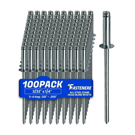 Fastenere Pop Rivets 3/32" x 1/4" (100 pcs) Aluminum Body Steel Mandrel, Heavy Duty, Open End, Low Carbon, Dome Head Blind Rivets, Corrosion-Resistant & High Shear Strength, 3-4 Gap .126" - .250"