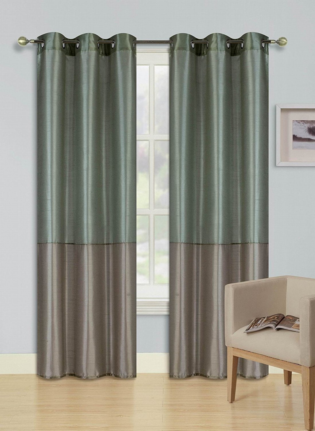 1PC New 2-TONE Window Curtain Grommet Panel Lined Blackout EID SAGE GREEN TAUPE 
