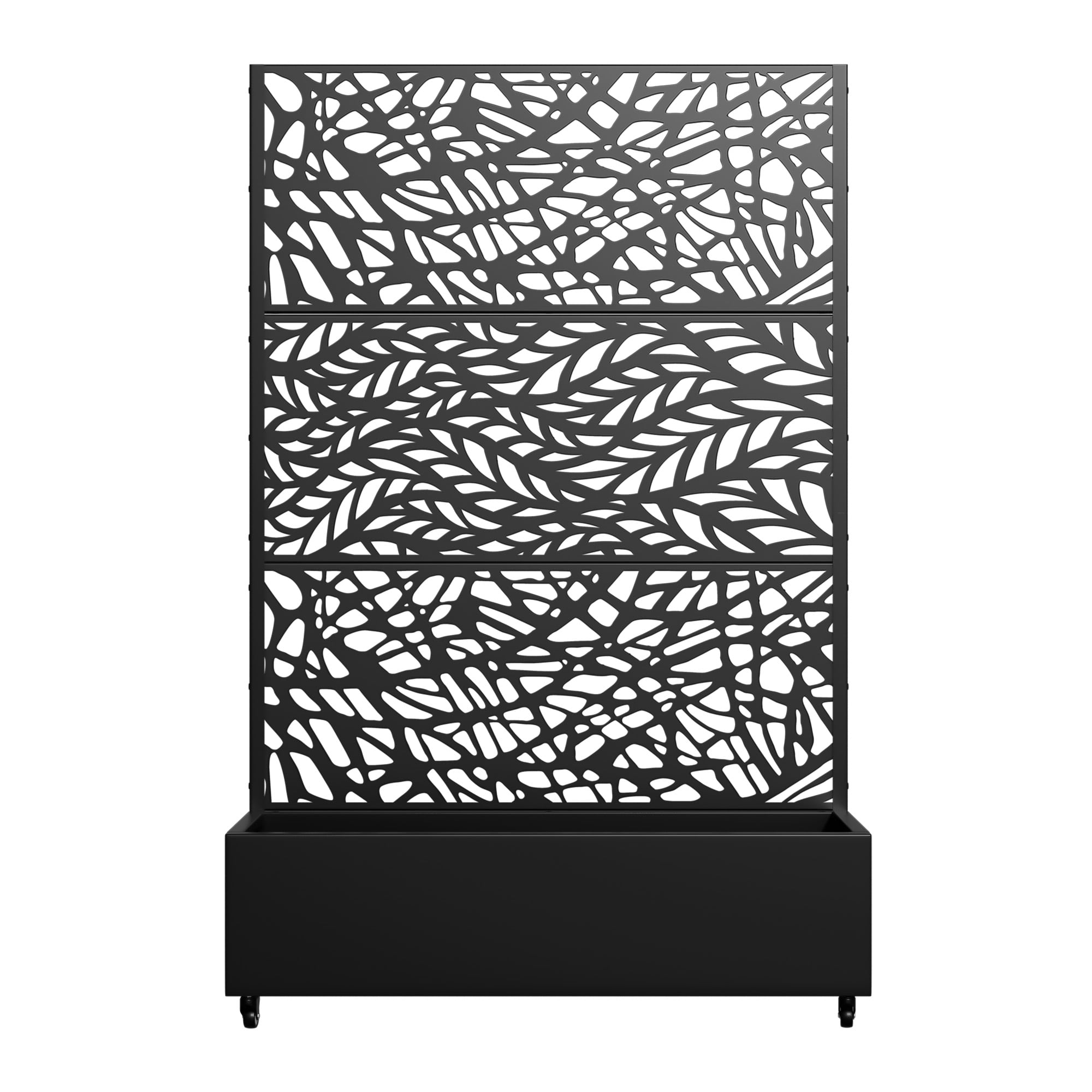 MAYEERTY 47*16*72" Outdoor Black Metal Planter Box with Trellis for Climbing Plants, Leafy & Vine Pattern Panel