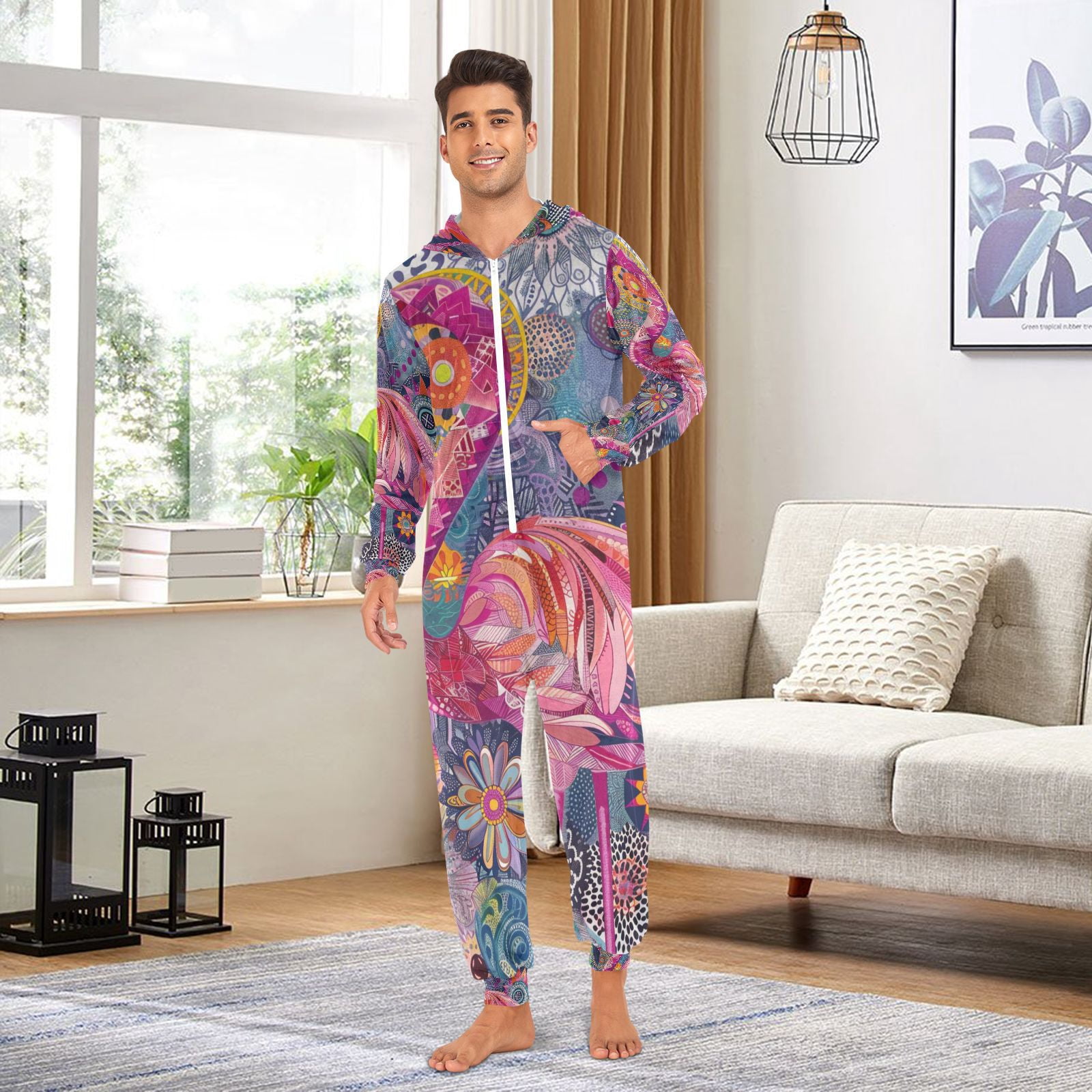 Pink Flamingo Adult Onesie Pajamas Slim Fit Christmas One Piece Suit Pjs for Women and Men Hooded Zipper