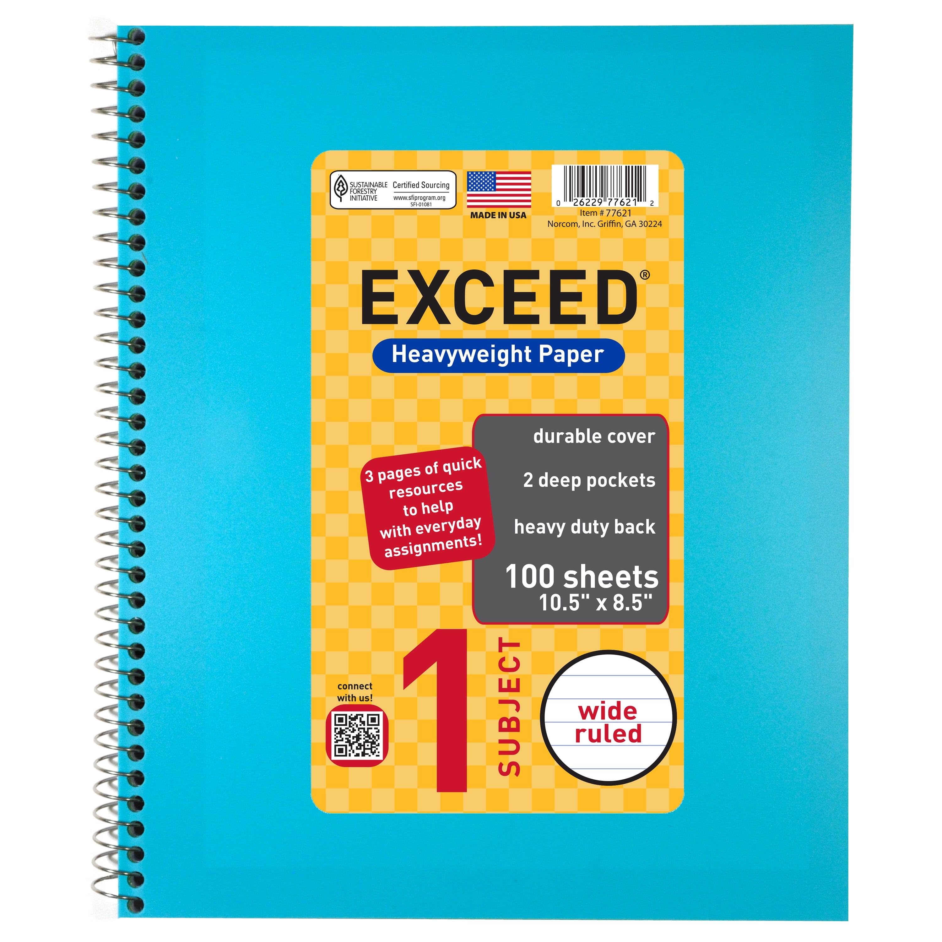 Exceed Spiral Notebook, Wide Ruled, 1 Subject, 100 Pages, 8.5" x 10.5", Color Choice Will Vary, 77621