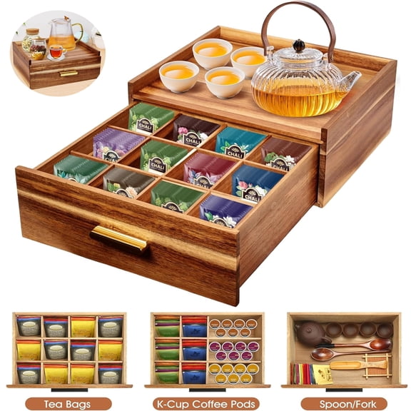 Tea Bag Organizer with 12 Compartments, Acacia Wood Tea Box Storage Holder for Countertop, Multi-Functional Tea Station Chest Drawer with Top Tray, Holds 200 Tea Bags