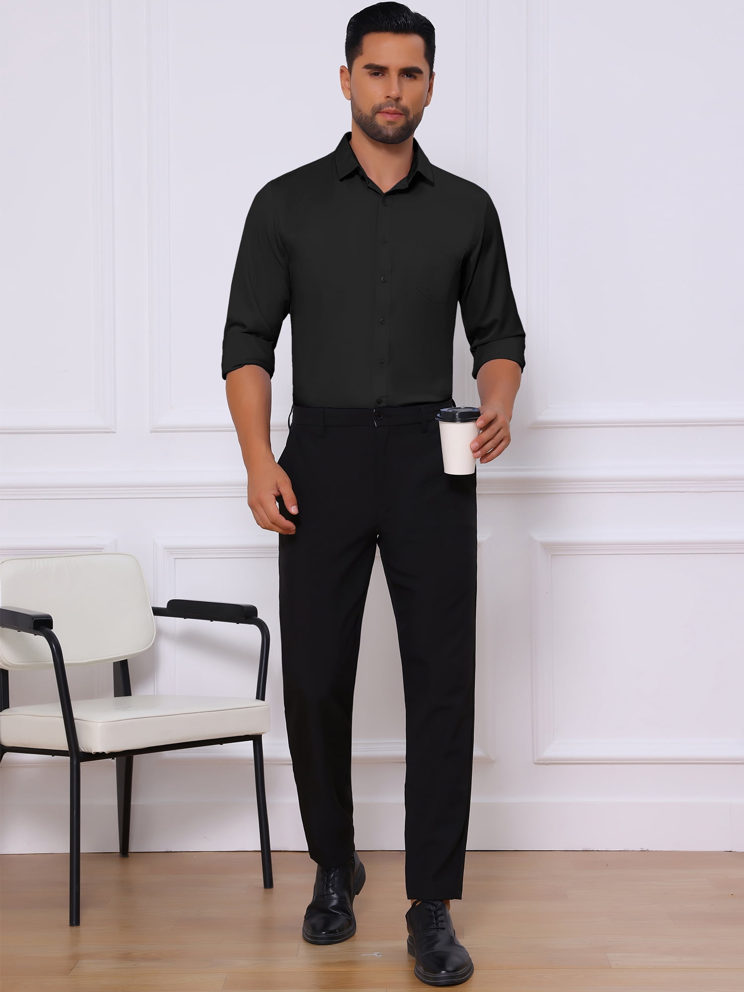 DARING DIVA Men's Point Collar Button Long Sleeve Business Shirts 2XL Black