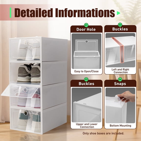 20Pcs Large Foldable Shoe Box Storage Sneaker Cases Home Stackable Plastic Boxes, White Clear