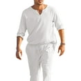 thumbnail image 5 of Michellecmm Men's Cotton Linen Clothes Solid Color Long Sleeve Henley Shirt + Elastic Waist Drawstring Pants 2 Pieces Loungewear Set, 5 of 8
