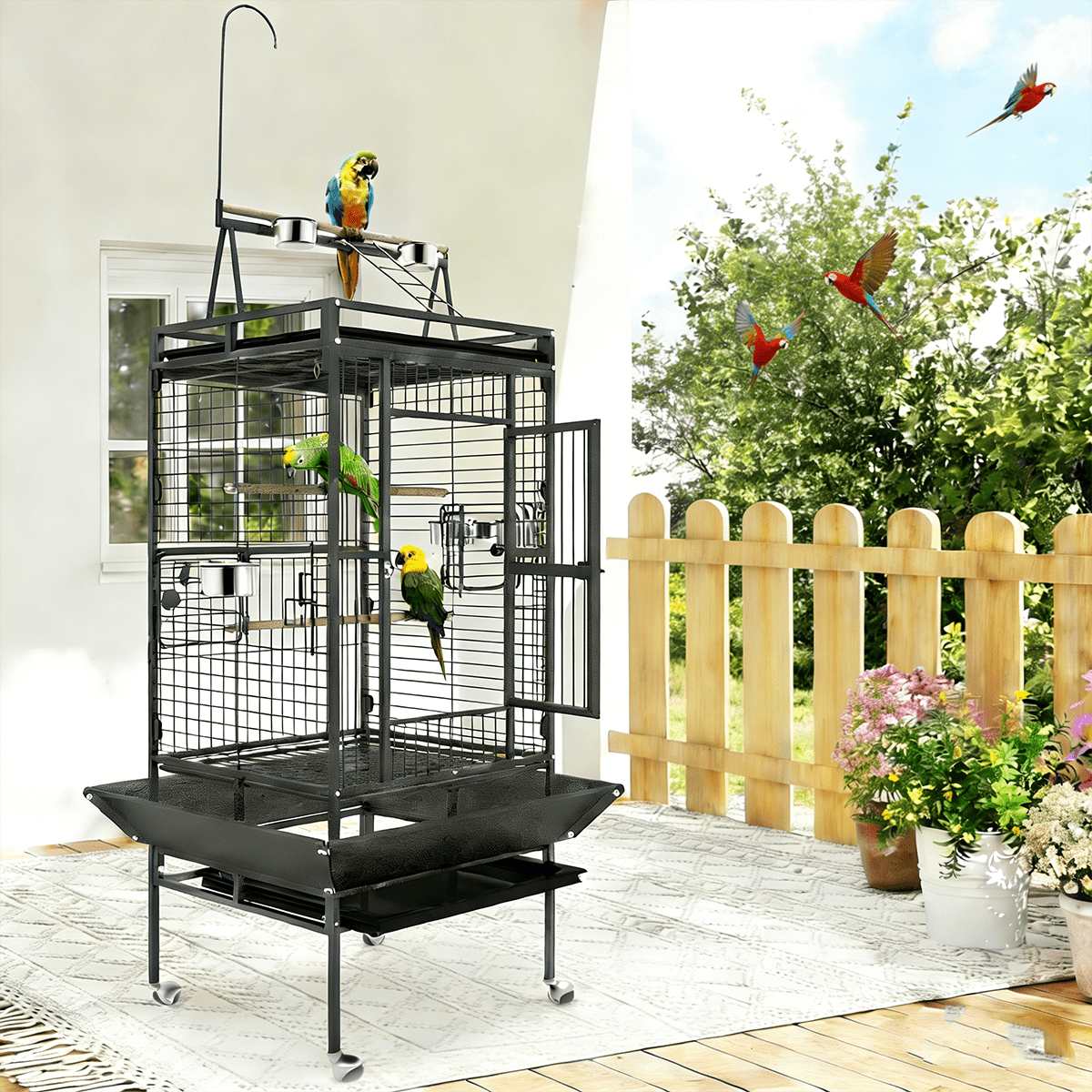 Frmobepts 82" Large Bird Cage with Rolling Stand Parrot Cage Pet House Wrought Iron Birdcage, Black