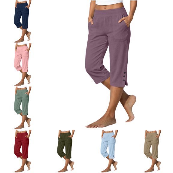 RQYYD Womens Linen Capri Pants High Waist Summer Casual Cropped Trousers with Side Buttons Loose Beach Pants with Pockets