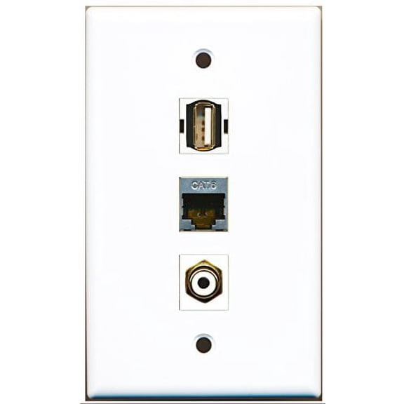RiteAV - 1 Port RCA White and 1 Port USB A-A and 1 Port Shielded Cat6 Ethernet Wall Plate