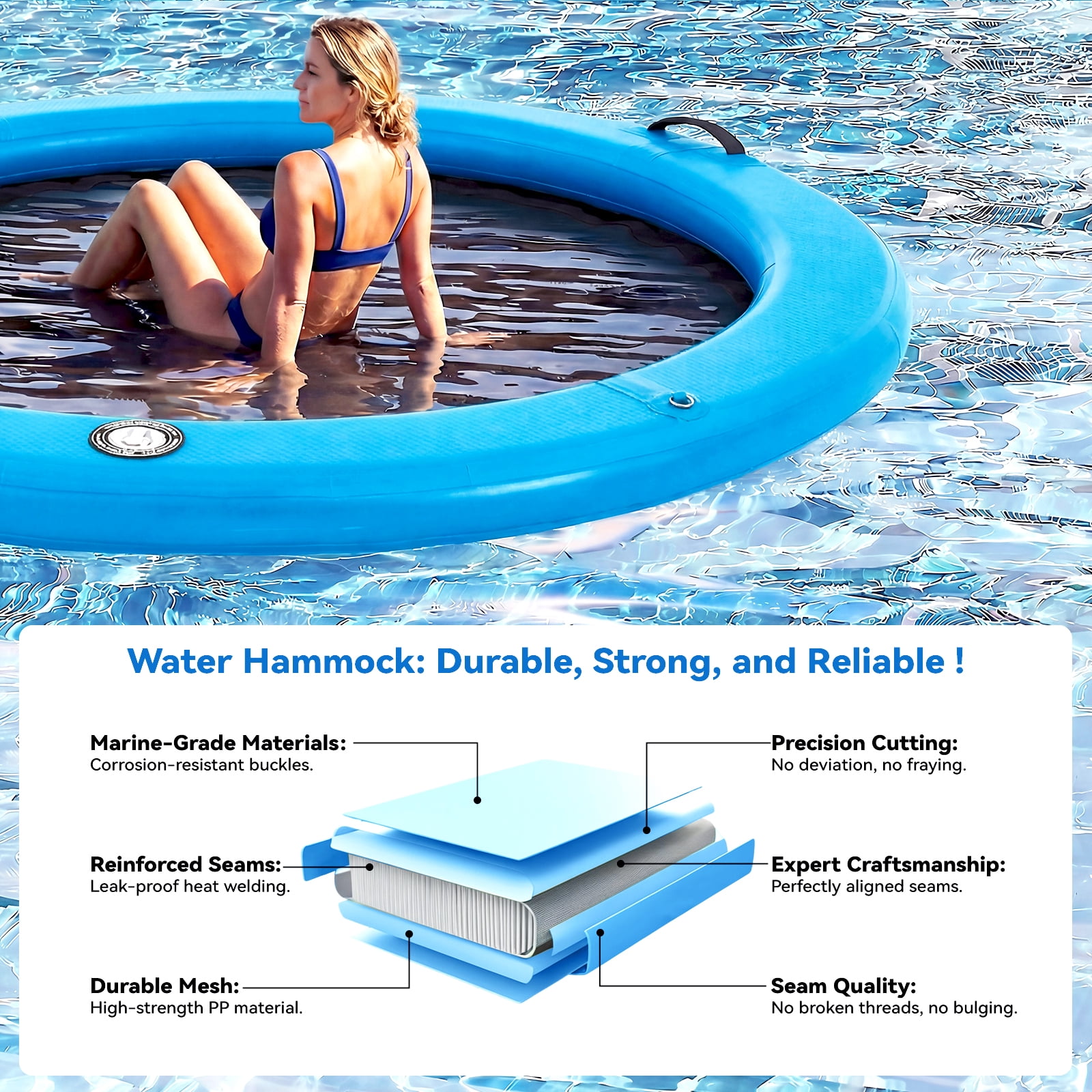 Danrelax 6FT Sunchill Round Inflatable Float Ring for Adults, Heavy Duty Hammock Pool Lounger with Pump, for Lake, Ocean & Pool