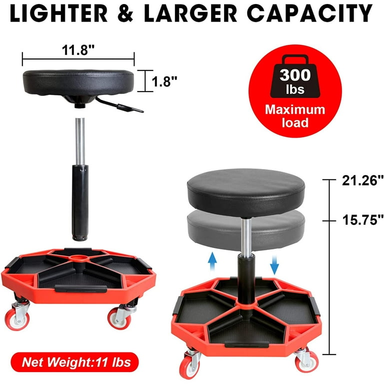 DNA Motoring Pneumatic Mechanic Creeper Garage/Rolling Stool, Heavy Duty  Roller Seat with Storage Tool Tray