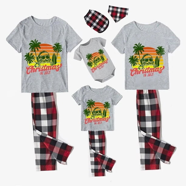 Pijamas familiares navideños a juego, conjuntos de pijamas grises, árboles de coco, Navidad en julio
