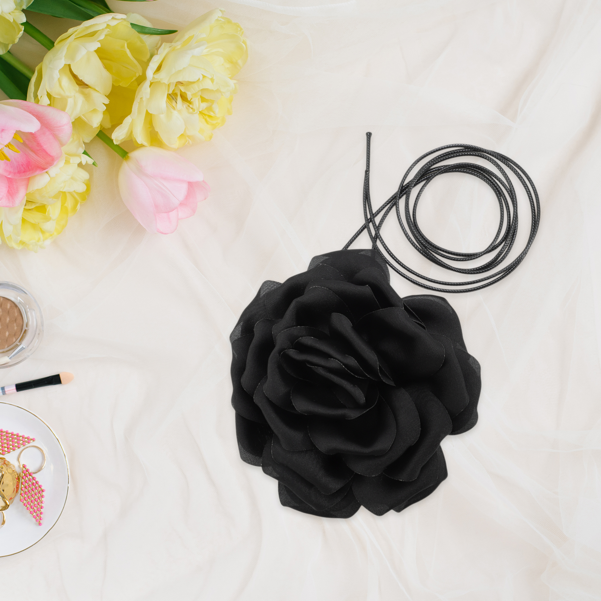 Unique Bargains Flower Adjustable Choker Necklace for Women Black