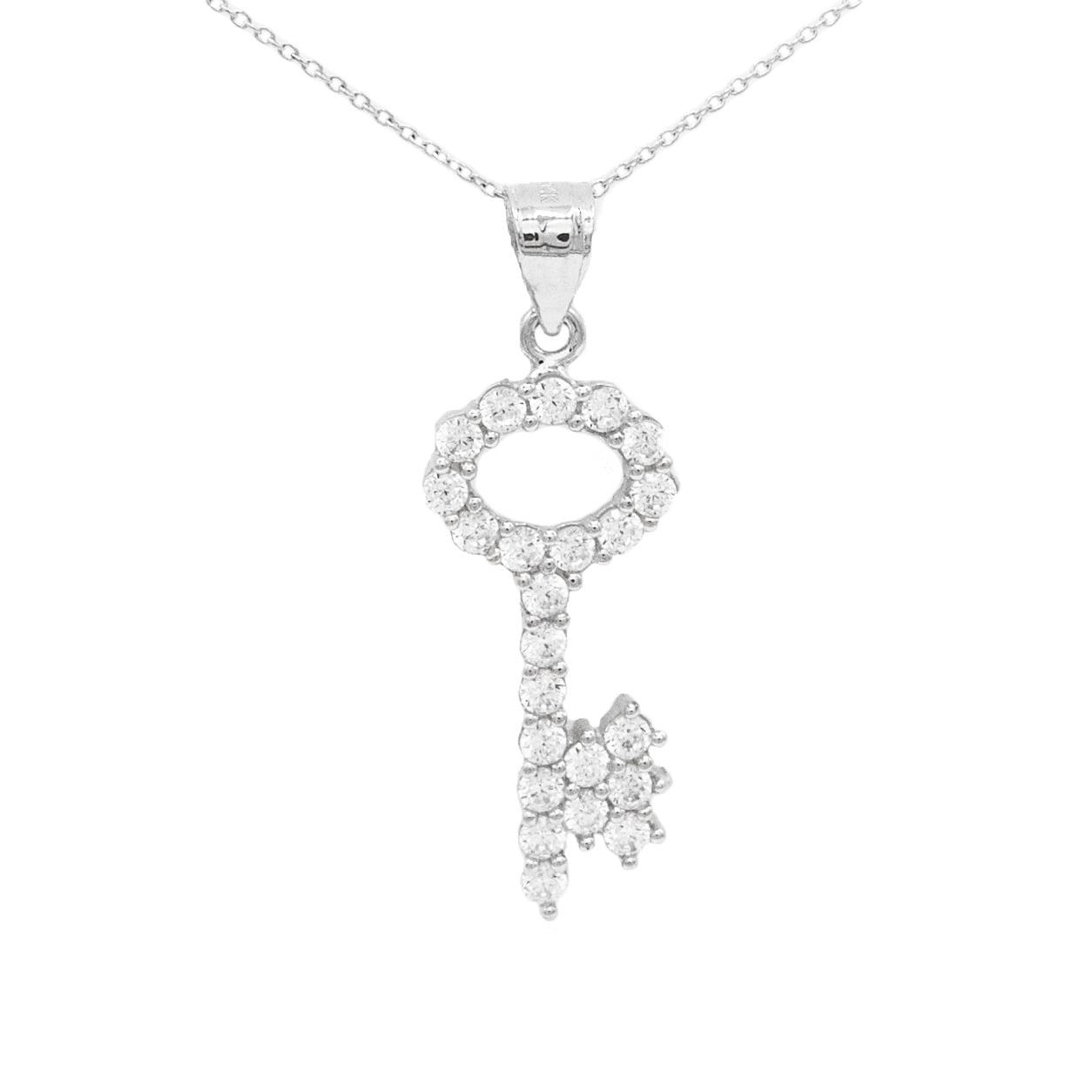 10k White Gold Cubic Zirconia Key Pendant Necklace with 16" Chain