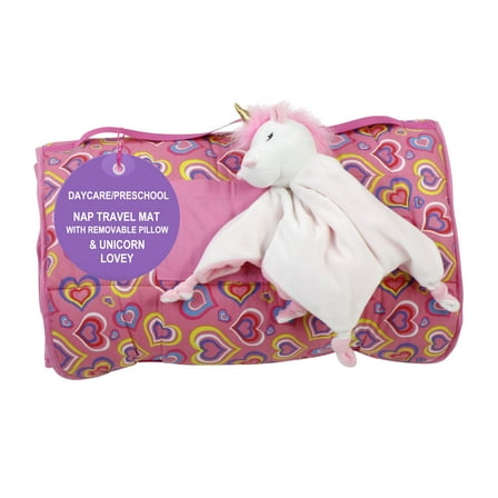 Emily Rose Toddler Nap Sleeping Mat with Removable Pillow and Unicorn Lovey Companion! | Perfect for Daycare and Preschool (Playful Hearts)