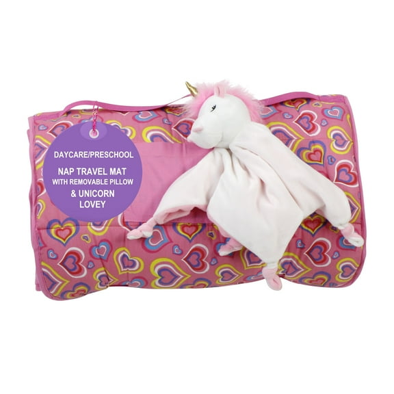 Emily Rose Toddler Nap Sleeping Mat with Removable Pillow and Unicorn Lovey Companion! | Perfect for Daycare and Preschool (Playful Hearts)