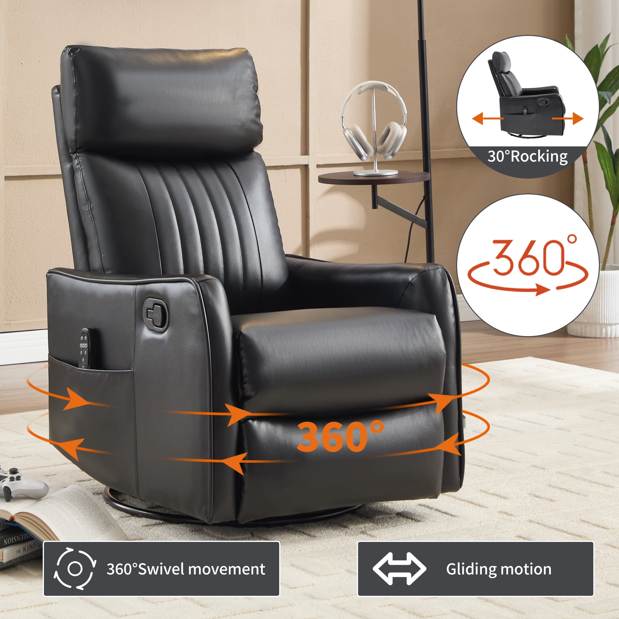 Manual Swivel Rocker Recliner Chair for Adults,Overstuffed Reclining Glider Chair with Vibration Massage & Heat,Upholstered Recliners with Side Pockets for Living Room,Black PU