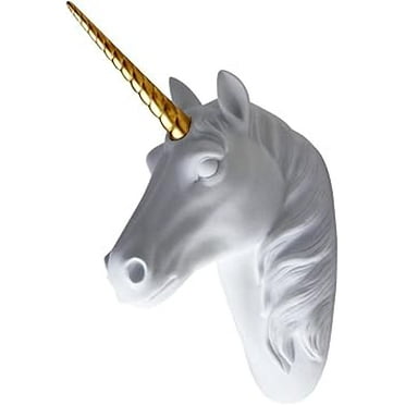Animal Head Wall Decor White Faux Furry/Felt/Velvety Resin Unicorn Head Wall Art with Gold Horn for Wall Mount Decoration 5" x 8" x 13"