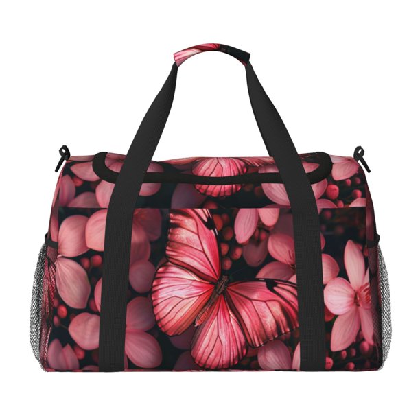 Fotbe pink butterfly Bolsa de Viaje con Estampado, Bolsa de Fin de Semana para Mujer con Compartimento para Zapatos, Bolsa de Gimnasio con Bolsillo Húmedo