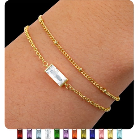 LUNVKY 2 Pcs 18K Gold Plated Bracelets for Women Girls Stackable Layered CZ April Birthstone Bracelet with CZ Crystal Birthday Graduation Jewelry Gifts Teen Her Mom Wife Adults Kids Age Ideas