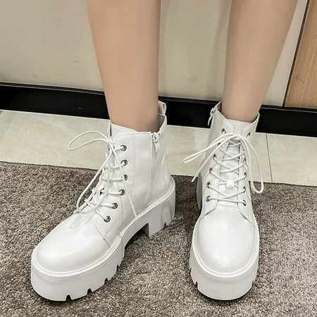 

ZMHEGW Boots For Women Autumn And Winter Ankle Thick Sole Middle Heel Round Toe Solid Color Lace Up Comtable Boots Shoes