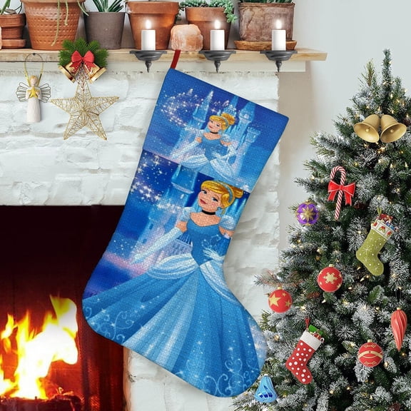 Cinderella Princess-theme Christmas Stockings，Fine white linen for Stairs Fireplace Hanging Xmas Home Decor Christmas gift17.7"X12.6"(45cm×32cm)