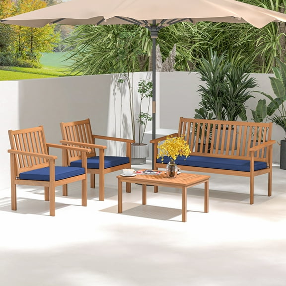 Costway 4 PCS Patio Wood Furniture Set with Loveseat, 2 Chairs & Coffee Table for Porch Navy