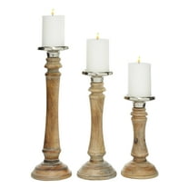 DecMode 3 Candle Brown Mango Wood Candle Holder, Set of 3