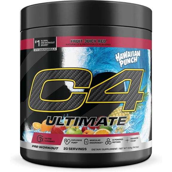 C4 Ultimate Pre Workout Powder, 300mg Caffeine Energy Formula with Beta Alanine, Creatine, TeaCrine & Dynamine, Sugar Free Preworkout for Men & Women – Hawaiian Fruit Punch, 20 Servings