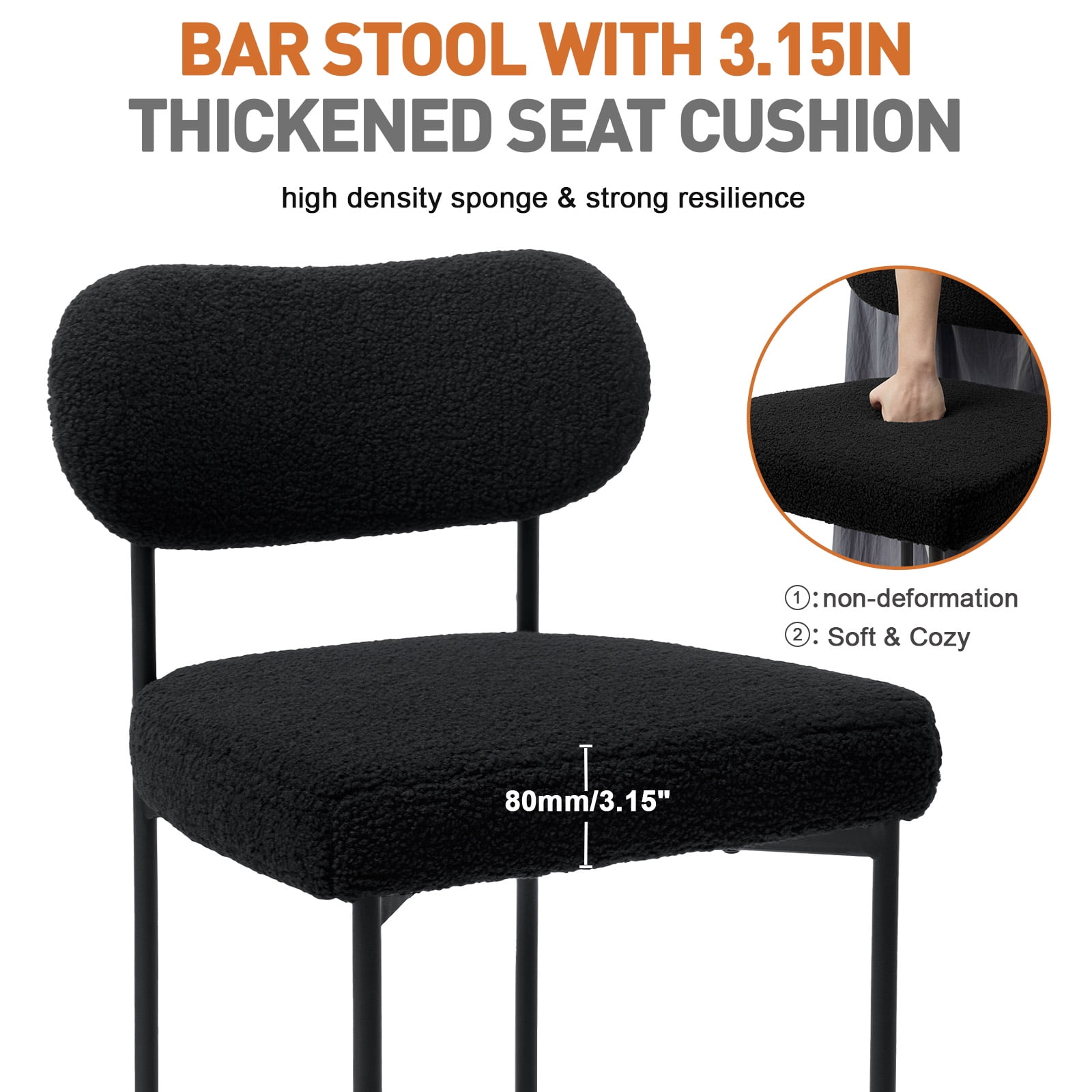 Hommpa Bar Stools Set of 4 with Back & Footrest 26" Counter Height Barstools Boucle Bar Chairs Modern Pub Chairs Black Plush for Kitchen Island Bistro Coffee Shop Mid Back
