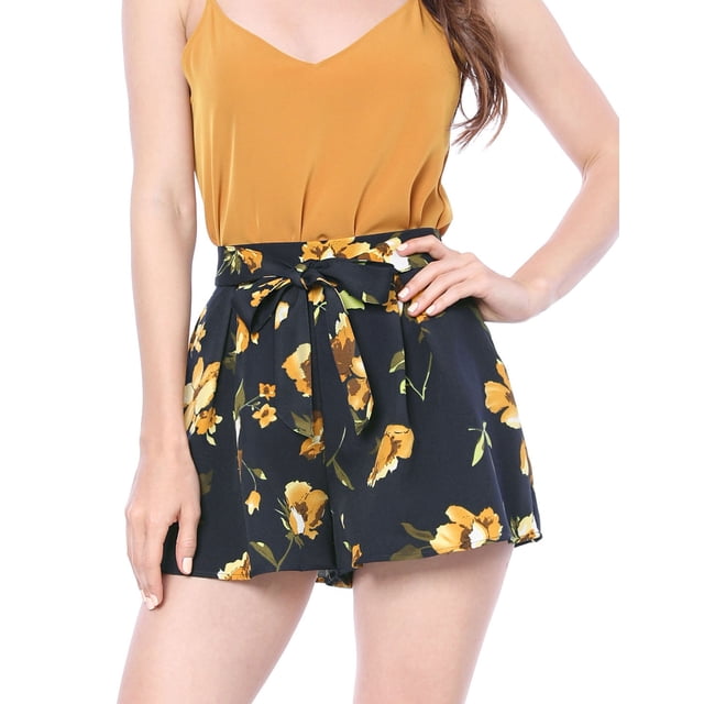 Pantalones cortos de verano de playa con cintura alta con lazo elástico estampado para mujer Azul S
