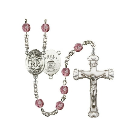 St Michael Rosary St. Michael / Air Force Silver-Plated Rosary 6mm February Purple Fire Polished Beads Crucifix Size 1 5/8 x 1 medal charm ()