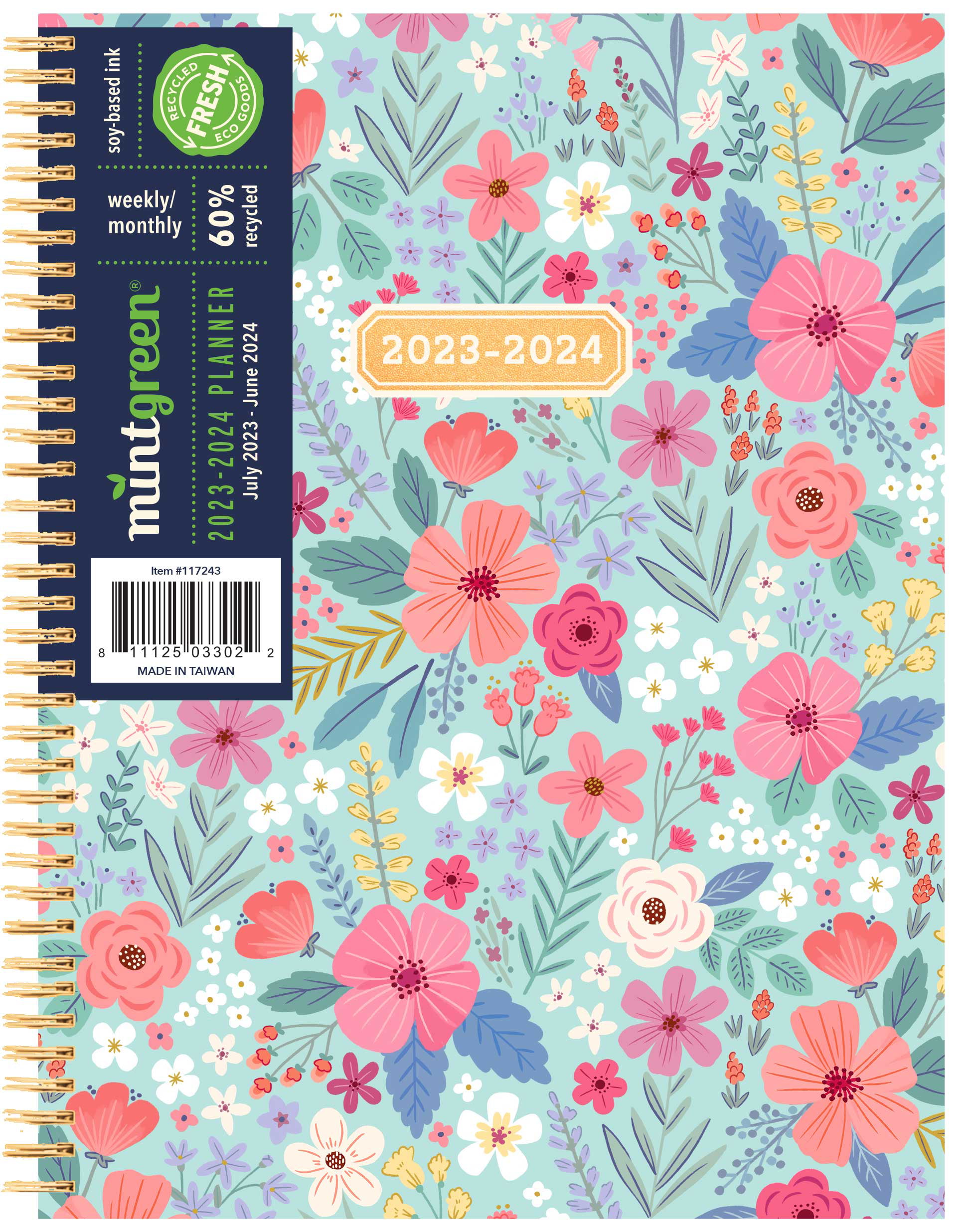 20232024 Mintgreen Weekly Monthly Spiral Planner, 6 x 8, Mint Ditsy