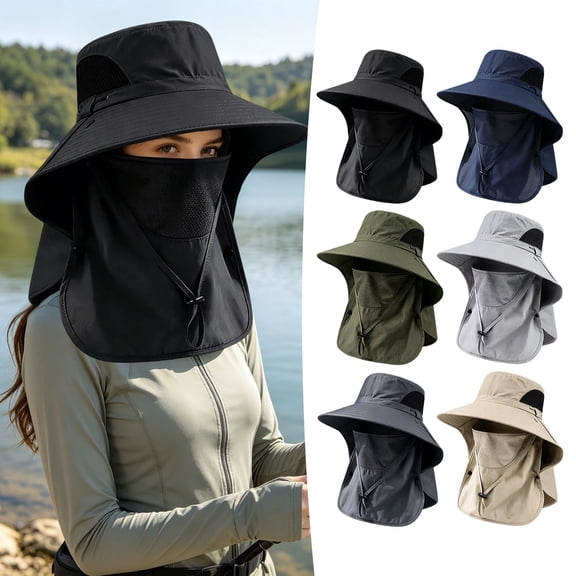 BESEW7 Outdoor Sun Protection Bucket Hat for Men Women, Fishing Sun Hat with Detachable Neck Flap for Hiking Gardening Beach Boating Travel Black