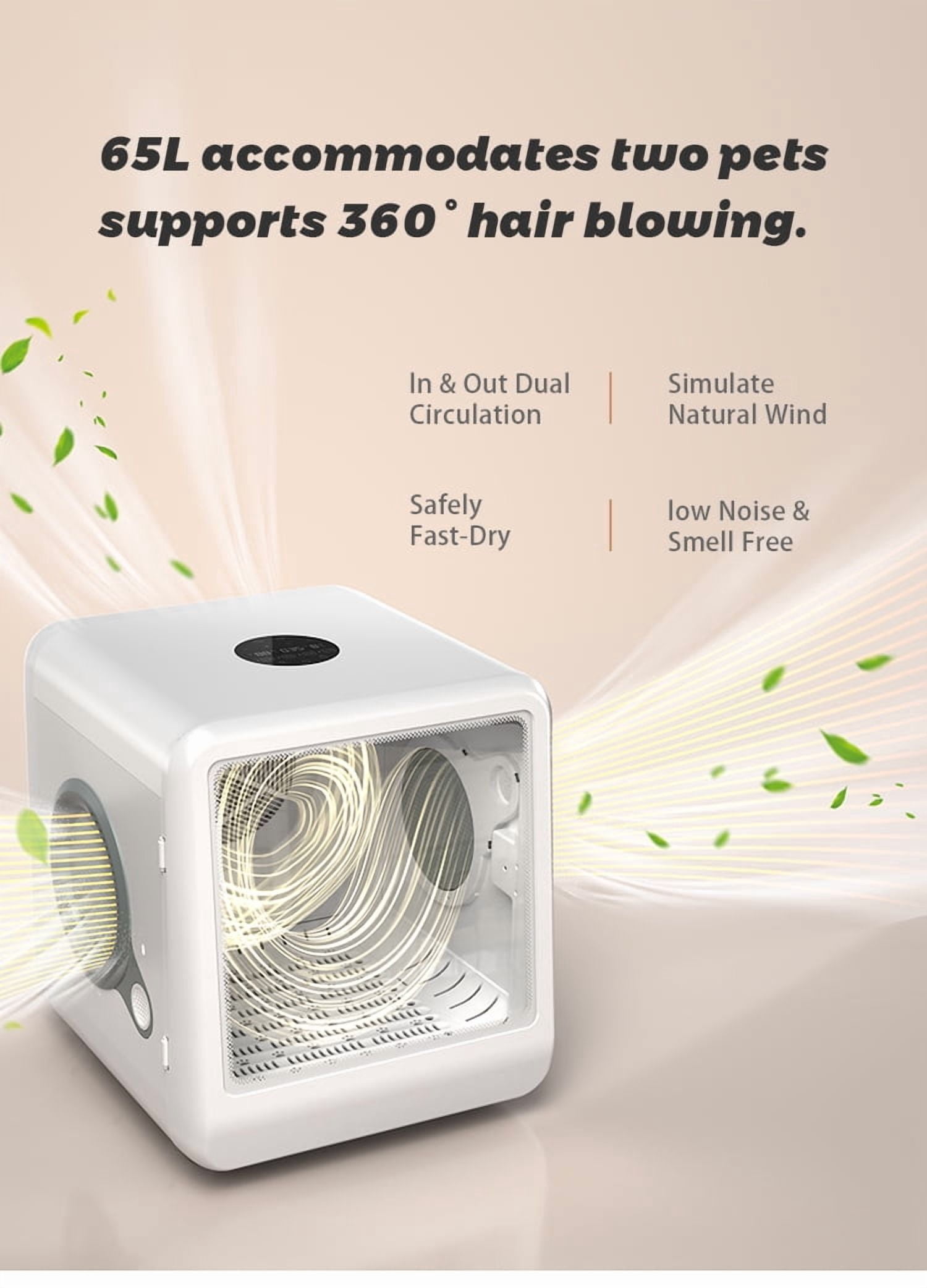 Automatic Pet Dryer Room Box Cabinet for Cats and Small Dogs, Quiet Grooming Dryer with Cool Hot Wind and 3 Speed Timer Settings, Indoor Pet Hair Drying Machine, Cream White