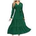 thumbnail image 2 of RYDCOT Women Fall Dresses 2023 Long Sleeve V Neck Swiss Dots Maxi Dress Boho Long Dress High Waisted A-Line Ruffle Dress Clearance Green, 2 of 8